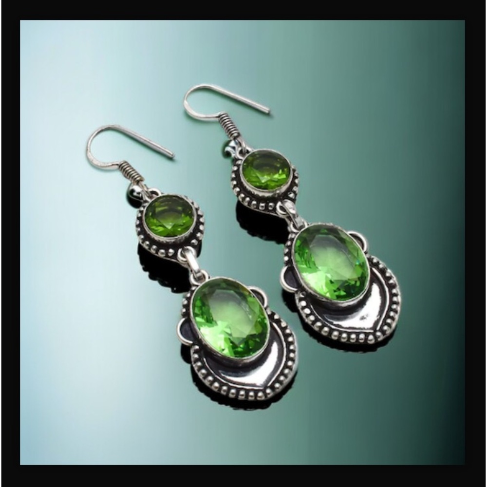 Peridot Handcrafted Drop Dangle Hook Style Earrings 2.4" Long Made In India New - Picture 10 of 16